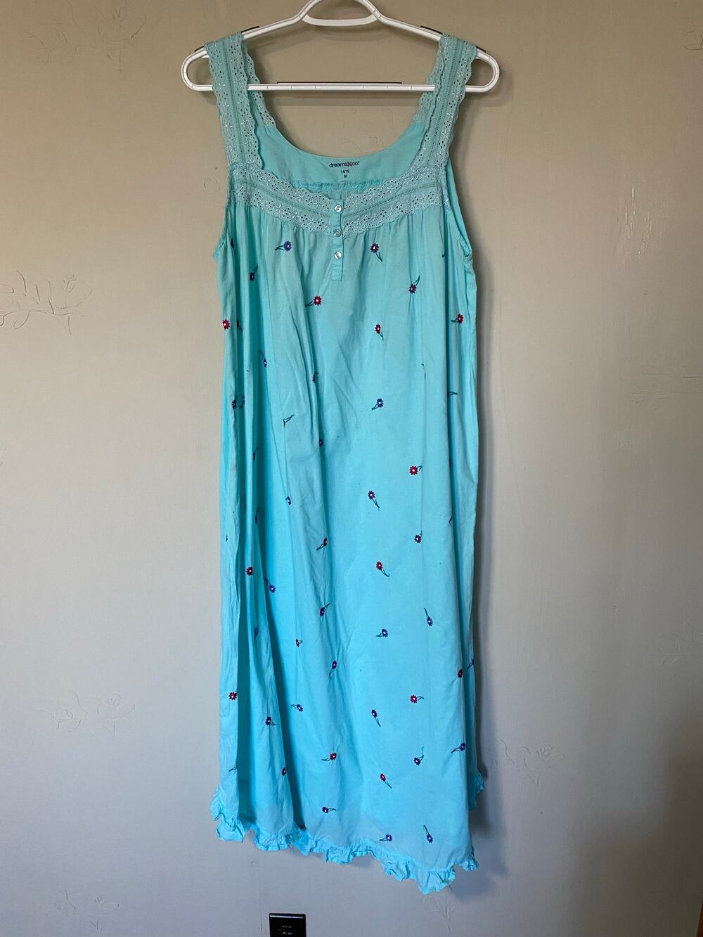 Dreams & Co Tank Nightgown Blue Green Lace Embroidered Flowers 100% Cotton